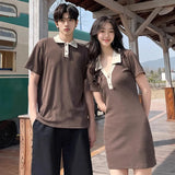 Patcute 2024 Summer Fashion Casual Cotton High Waisted A-line Women's Polo Shirt Dress With Men Polo T-shirt Top For Couple Clothes