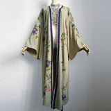 Patcute Long Boho Cardigan Light Green Floral Embroidery Beach Bikini Cover Up Kaftan Kimono Robe Summer Loose Women Blouses