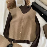 Patcute Office Lady Elegant Tops Spring Autumn Women's Solid Button V-Neck Sleeveless Casual Sweater Knitted Cardigan Vest Coats