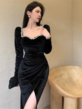 Patcute Bodycon Sexy Party Dresses Women Winter Black Evening Elegant Long Dress Ladies France Vintage Split Fishtail Vestidos Autumn