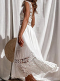 Patcute White Lace Long Dresses Women Summer Sleeveless Backless Cotton Dress Elegant Fashion Casual Hollow Out Big Swing Beach Sundress