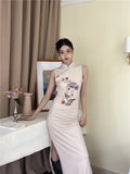 Patcute New Chinese Style Nude Color Mesh Purple Tone Printed Qipao Women's Summer New Fashionable And Elegant Niche Dress