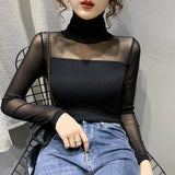 Patcute  Autumn Winter High Collar T shirt Women Sexy Mesh Bottoming Shirt Long Sleeve Solid Color Slim Fit Long Sleeve Casual Tops