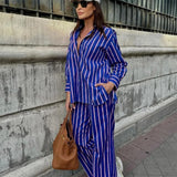 Patcute European And American Style 2024 Summer Women's New Fashion Casual Long Sleeved Striped Loose Shirt High Waisted Long Pants Set