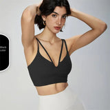 Patcute  Sexy Double Sling Yoga Bra Gym Thin Shoulder Strap Sports Underwear Women's V-Neck Fitness Bra Beautiful Back Support Gathering