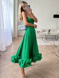 Patcute 2024 Women Spaghetti Strap A-line Ruffles Pink Evening Dresses Elegant Sweet Sleeveless Backless Zip-up Green Party Prom Dress