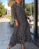 Patcute  Elegant polka dot print women dress  Spring summer 3/4 sleeve o-neck hem ruffle long maxi dress African casual clothes