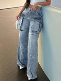 Patcute   Pockets High Waisted Jeans Woman 2023 Autumn Winter Baggy Blue Cargo Pants Women's Casual Loose Fashion Denim Pant Women