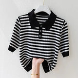 Patcute  Fashion Women Short Sleeve Striped Knitted Polo Shirts Spring Summer All-match Tees Female Clothing New Pullover Bottoming Tops