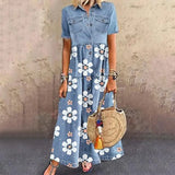 Patcute  New in Formal Occasion Dresses for Women Long Solid Denim Pleated Short Sleeve Shirt Dress vestidos para mujer