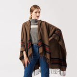 Patcute Fringed Stripe Jacquard Knit hooded cloak Women Shawl Cape Cardigan Winter Warm Vintage Scarves Ponchos Scarf Outwear