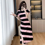 Patcute  Summer New Fashion Striped Short Sleeve Long Dress Ladies Fashionable Irregular Slim Pullover Casual Dresses Thin Women Clothing