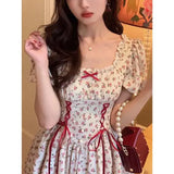 Patcute  Summer Casual Short Sleeve Dresses Retro Elegant Floral Print Chic Bow Lace Up Princess Fairy Sweet Kawaii Mini Dress Women 2022