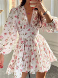 Patcute   Elegant Women Floral Print Short Mini Dress Long Lantern Sleeve Deep V Neck High Waist A-Line Dresses Female Vestidos