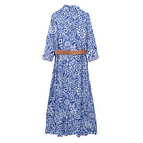 Patcute Spring/Summer New Women's Fashion Street Style Retro Print Belt Shirt Dress Single breasted Casual Long Dress