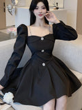 Patcute Korean Style Solid Mini Dress Women Long Sleeve Square Collar Spring Fashion High Waist Female Birthday Party Vestidos Mujer