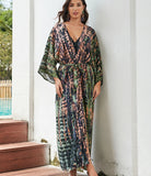 Patcute Casual Boho Print Cotton Rayon Cover-Ups Women Robe Vintage Long Sleeve Kimono Maxi Dress Beach Wear Bikini Kaftan Gown