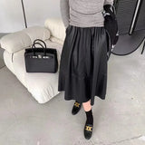 Patcute High Quality Genuine Leather Medium Length Black Oversized Women's Slimming A-line Skirt Versatile Solid Color Sheep Skin Y2k