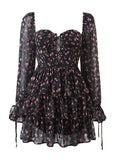 Patcute  Fashion Women Vintage Floral Print Chiffon Dress Sexy Semi-Sheer Long Sleeve Layered Ruffle Ladies Short Dress