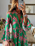 Patcute  Women Deep V Button Print Loose Beach Dress Fashion Flared Sleeve Pleated Midi Party Dress Summer Casual Street Pullover Dresses