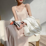 Patcute 100% Silk  Summer Women's New V-neck Slim Dress Satin Ladies Sexy Suspender Dress Long Dress