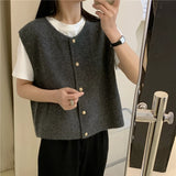 Patcute Knitting Vests Women Spring Autumn O-neck Solid Loose Buttons Slender Sleeveless Sweaters Simple Basic Daily Office Lady Stylish