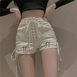 Patcute  New Bandage Sexy Denim Shorts Women Streetwear Gothic Jeans Mini High Waist Lace Up Casual Zip Black Goth Club Fashion