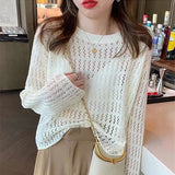 Patcute  Spring Summer Women Solid Casual Pullover Long Sleeve Loose Top Gentle Sexy Blouse Breathable Hollowe Out Soft All Match