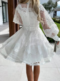 Patcute White Midi Dresses For Women Summer 2024 Elegant Lace Sewing Dresses With Long Sleeve Hollow Flowers Short Dress Ladies Vestidos