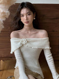 Patcute  Deeptown Korean Fashion Off Shoulder Sweater Women Fairycore Aesthetic Knitted Jumper Mujer Chic Elegant Long Sleeve Top Spring