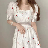 Patcute  Dress Women's Summer New Sweet Embroidery Square Neck Hollow A-line Dress Waist Puff Sleeve Mid-length Dress