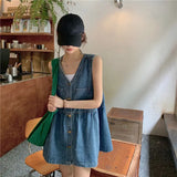 Patcute Sleeveless Dress Women Streetwear Single Breasted Pockets V-neck Denim Females Mini Dresses A-line Pleated Vintage Korean Style