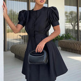 Patcute Fashion Summer O-Neck Puff Sleeve Solid Dress Women Elegant Peal Buttons A-Line Dresses Ladies High Street Slim Waist Mini Dress