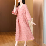 Patcute New Spring/Summer 2024 Pink Velvet Silk Flower Decorative Long sleeved Dress with V-neck Loose Large Size Slim Knee Length