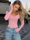 Patcute   V-Neck Summer Patchwork T-shirt Cropped Top For Women Fashion Mesh Long Sleeve Sexy Off-Shoulder Female Y2k Top Tee 2024