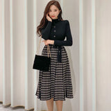 Patcute  Korean Elegant Knitted Plaid Patchwork Midi Dress for Women Long Sleeve O-neck Bird Lattice Bow Pleated Dress Autumn Winter