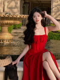 Patcute  French Elegant White Strap Midi Dress  Summer New Casual Evening Party Dress Women Beach Sleeveless Lace-up Red Dress Korean