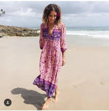 Patcute  Super Chic pink floral bohemian style long dress women long sleeve rayon autumn dress tassle V-neck boho dress