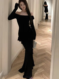 Patcute Elegant Black Maxi Dress Women Off Shoulder Long Sleeve High Split Waist Slimming Autumn Evening Party Sexy Vestidos Robe Mujer