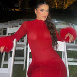 Patcute  Women Long Sleeve Fur Patchwork Bodycon Streetwear Red Long Dress 2024 Autumn Clothes Wholesale Items For Business