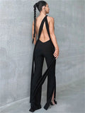 Patcute Black Backless Hollow Out Rompers Women Sexy Split High Waist Patchwork Fashion Streetwear Pleated Slim Women's Jumpsuit