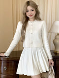 Patcute Elegant Solid Knitted 2 Piece Set Women Long Sleeve O-neck Top Pleated Mini Skirt Autumn Winter Birthday Party Kawaii Outfits