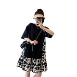 Patcute Summer Sweet Printing Patchwork O-neck Short Sleeve Oversized Midi Dress Femme Korean Loose Pleated Pullover T-Shirt Dresses