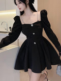 Patcute Korean Style Solid Mini Dress Women Long Sleeve Square Collar Spring Fashion High Waist Female Birthday Party Vestidos Mujer