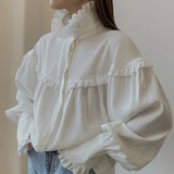 Patcute  Ruffle Loose Shirts For Women 2024 Spring White Turtleneck Long Sleeve Women's Shirt Street Casual Oversized Shirt Femme