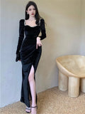 Patcute Bodycon Sexy Party Dresses Women Winter Black Evening Elegant Long Dress Ladies France Vintage Split Fishtail Vestidos Autumn