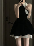 Patcute Sexy Dress Woman Bow Bandage Sleeveless Slim Patchwork Black Mini Dresses Puffy Elegant Vintage Ladies Summer Fashion Chic