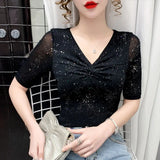 Patcute Short-sleeved Women Mesh T-shirt Summer Shiny bottoming top Casual Bright Silk Pleated Black Shirt blusa feminina