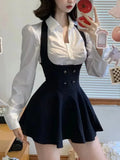 Patcute  Y2K 3 Piece Set Women Cropped Coat + Long Sleeve Shirt + High Waist Halter Ruffles Mini Dress Korean Chic Fashion Sexy Outfits