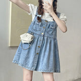 Patcute Kawaii Strap Denim Short Dress Girls Overalls Summer Fashion High Waist Jeans Clothes Vintage Bow Casual Sleeveless Doll Dresses